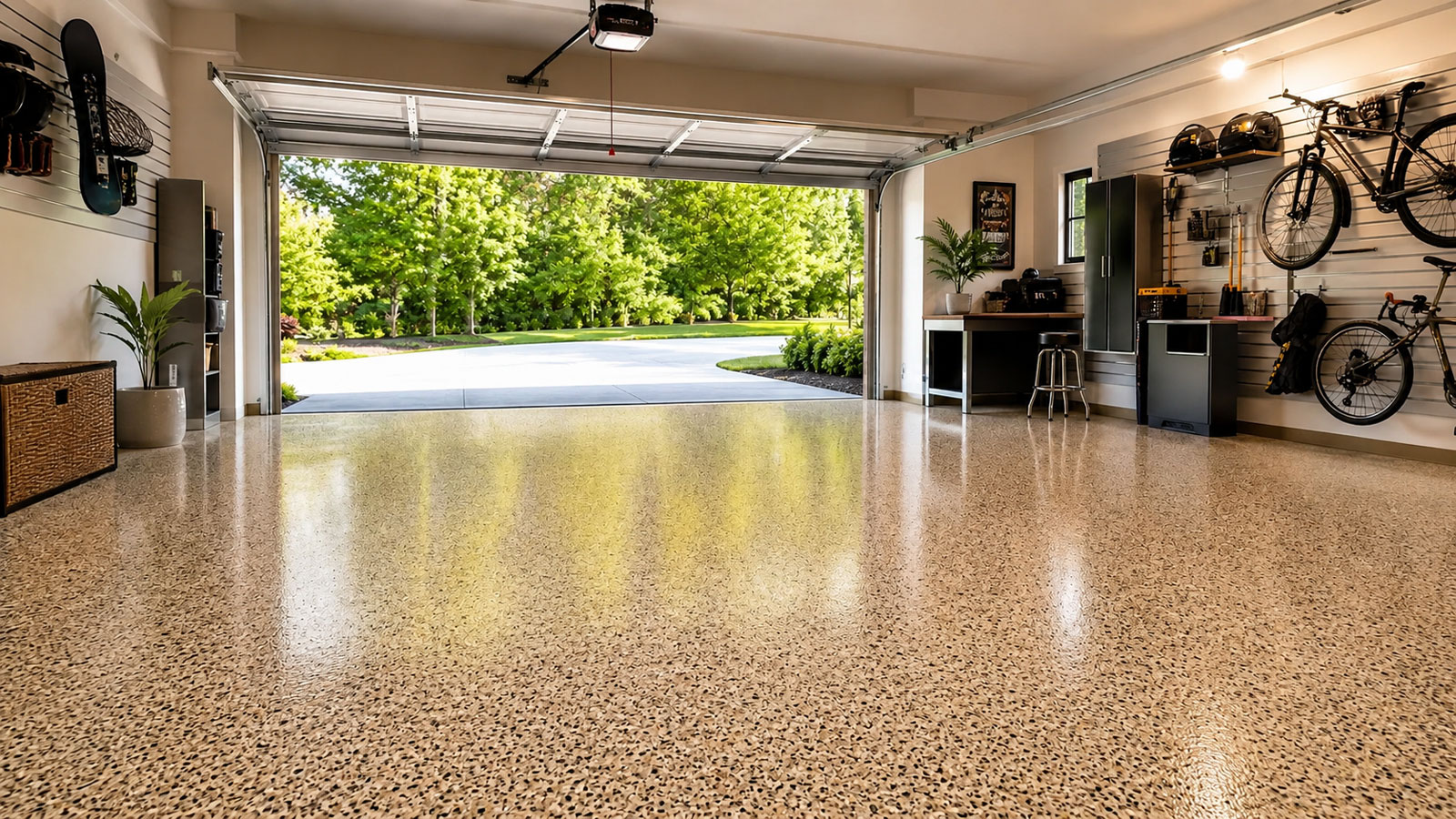 Residential garage with a professionally installed decorative flake floor coating